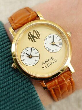 Anne Klein II Women’s Watch Dual Time Zones Quartz Travel 30mm Gold Case Leather